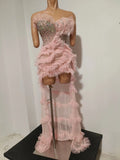 Sparkly Diamond Strapless Mesh Ruffled Pink Long Dress Birthday Evening Party PhotoShoot See Through Bar Nightclub Stage Costume