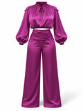 Satin Two Piece Set for Women Ruffle Mock Neck Long Lantern Sleeve Crop Top Pleated Wrap Wide Leg Pants for Vacation Daily
