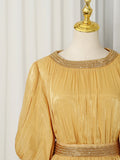 Elegant Chiffon Layered Ruffles Design Dress for Women Short Sleeves Waist Belt Spliced Diamonds Accent for Afternoon Tea