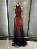 New Arrival Women Sexy Backless Halter Shining Rhinestones Snakeskin Bodycon Mesh Long Dress Nightclub Party Celebrate Clothing