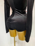 Women Sparkly Gold Rhinestone Black Velvet Long Sleeve Bodysuit Evening Party Club Gala Hosts Night Club Bar Stage Costumes