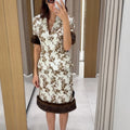 Two Piece Set Of Fur Spliced Jacket And Half Skirt Women Printed Waist Cinched V-neck Short Sleeved Jacket Elegant Autumn Suit