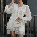 Solid Spliced Folds Slimming Mini Dresses for Women V Neck Long Sleeve Chic Elegant Coats Female Fashion Style