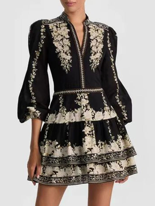 Vintage Indie Folk Style Print Dress for Women V Neck Three Quater Sleeves Patchwork Hollow Out Tiered Dresses Female New