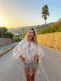 Beige Embroidered Long Tunic Top V Neck Long Sleeve Lace Fringe Hem Boho Blouse 2026 Summer Beach Vacation Cover‑up Streetwear