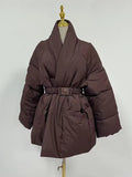 Solid Casual Basics Down Jacket for Women V Neck Long Sleeve Tunic Patchwork Sashes Slimming Elegant Coat Female