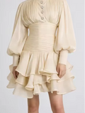 Cream Victorian-inspired Short Dress Women Chic Puff Sleeve Ruched Tiered Waist Cinching Party Dresses 2026 Lady Trendy Vestidos