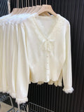 White Lace Knitted Cardigan for Women Elegant V Neck Button Sweater Cardigans Knitwears New Winter Autumn Clothing Black Jumpers