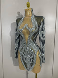 Sparkly Rhinestones Sexy Mesh Transparent Mini Dress Eveing Birthday Party Dance Nightclub Fashion Show Stage Costumes