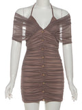 Y2K Mesh Halter Dress Women Sexy Ruched Patchwork Pleat Lace-Up V-Neck Button Elegant Peach Hip Stretch Slim Bodycon