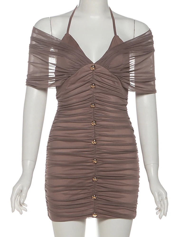 Y2K Mesh Halter Dress Women Sexy Ruched Patchwork Pleat Lace-Up V-Neck Button Elegant Peach Hip Stretch Slim Bodycon