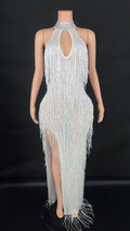 Women Prom White Dresses Elegant Sexy Halter With Crystal Tassel Luxury Party Long Gown Evening Dress
