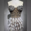 Women's Luxury Feather Rhinestone Beaded Glam Sheer High Slit Tube Top Dress Fashion Hot Birthday Party Banquet Performance Gown