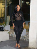 Wild See Through 2 Piece Set Women Sexy Jacquard Mesh Full  Sleeve Crop Top+Line Print Pants Stretch Club Streetwear