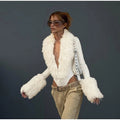 White Faux Curly Fur Bodysuit Women Chic Solid Deep V Long Fluffy Sleeves Shorts Bodysuit 2026 Lady Party Street Matching Suit