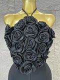 Elegant Two Piece Set Women Halter 3D Flower Crop Top High Waist Flare Pants Bandage Suit Party Casual Formal Wear