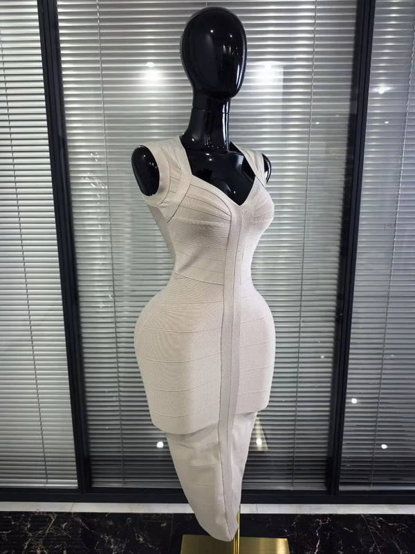 Khaki Color Women Sleeveless Sexy V-Neck Bodycon Midi Bandage Dress Celebrate Fashion Evening Party Homecoming Outfit