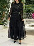 Black Patchwork Appliques Evening Pleated Dress for Women O Neck Long Sleeve High Waist Lace Elegant Office Dresses Female