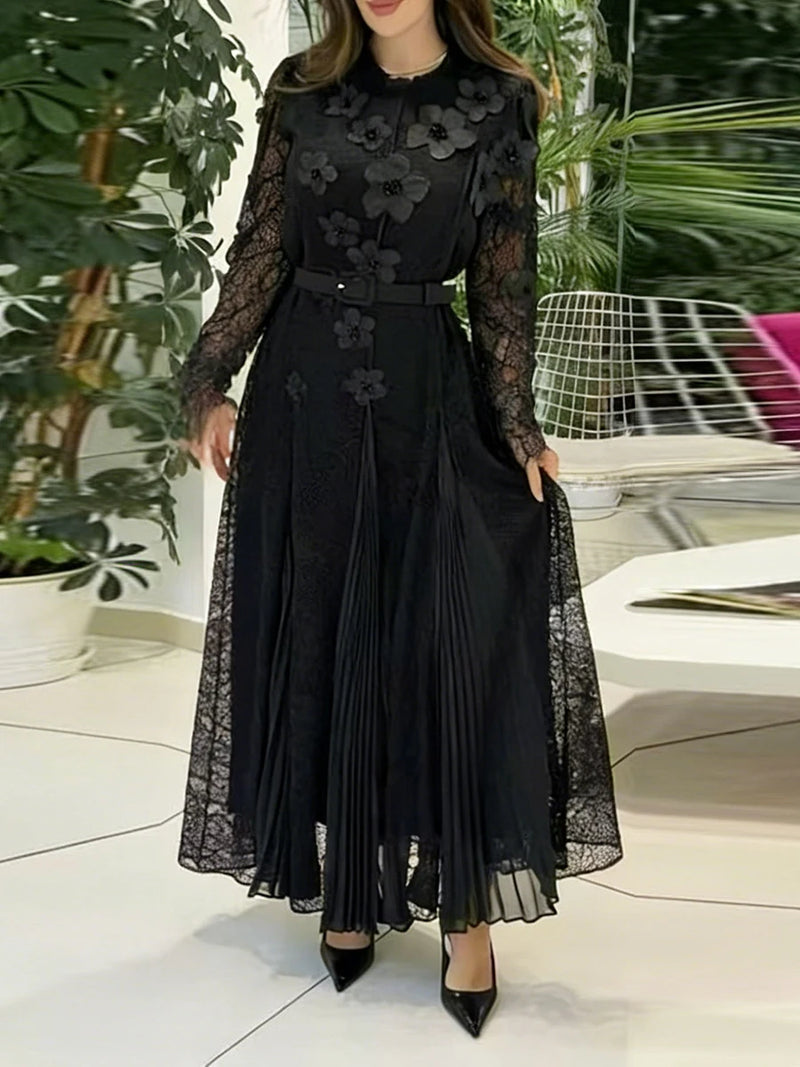 Black Patchwork Appliques Evening Pleated Dress for Women O Neck Long Sleeve High Waist Lace Elegant Office Dresses Female