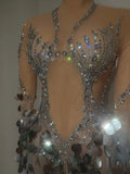 Women Sexy Sparkly Diamonds Sequins Long Sleeves Mesh See Through Long Dress Luxury Birthday Evening Party Nightclub Stage Wear