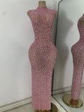 Luxury Crystal Diamonds Long Party Dress Sexy Mesh Sleeveless See Through Evening Prom Birthday Women's Clothing Singer Wear