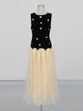 Hit Color Hollow Out Dresses for Women Round Neck Sleeveless High Waist Spliced Mesh Long Dress Female