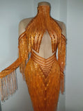 Sparkly Diamond Orange Tassel Long Sleeves Mesh Transparent Dress Women Latin Dance Outfits Bar Nightclub Party Club Stage Wear