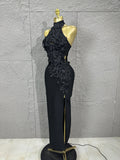 Solid Hollow Out Spliced 3D Flower Elegant Dresses for Women Stand Neck Sleeveless Split Sexy Long Dress Female New
