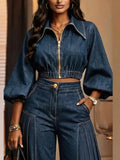 Women Suit Two Piece Denim Outfit Cropped Top Pleated Wide Leg Pants Puff Sleeve Vintage Streetwear Autumn