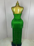 Elegant Sexy Backless Green Tassel Bodycon Long Bandage Dress Women Celebrity Evening Club Luxury Birthday Party Stage Outfit