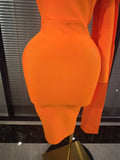 Orange Color Women Long Sleeve One Shoulder Big Bow Bodycon Midi Bandage Dress Elegant Evening Party Birthday Cocktail Wear