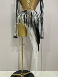 New Shiny Diamond Sequin Tassels Sexy Mesh Long Sleeved Two Piece Set Women Evening Birthday Party Nightclub Stage Costume
