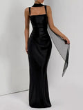 Sexy Satin Evening Long Dresses for Women Square Collar Sleeveless High Waist Folds Slimming Bodycon Dress Female