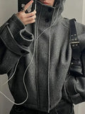Gray Minimalist Woolen Coat for Women Stand Collar Long Sleeve Pathowrk Single Breasted Loose Casual Jacket Female