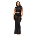 Sexy Mesh Rhinestone Bodycon 2 Pieces Set for Woman Outfits Solid Round Neck Sleeveless Crop Top + Skirt Female Clubwear