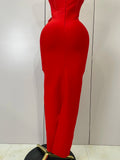 Newest Sexy Strapless Backless Red Flower Long Bandage Dress Women Celebirty Elegant Prom Evening Club Party Birthday Dresses