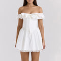 Solid Spliced Bowknot Slimming Mini Dresses For Women Slash Neck Sleeveless High Waist Temperamnet Dress Female New