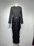 Sexy Evening Party Black Color Midi Dress for Women O Neck Long Sleeve Pachwork Metal Buckle Folds Bodycon Dresses Female