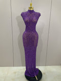 Luxury Sparkly Crystal Diamond Mesh See Through Maxi Long Dress Women Elegant Party Costume Singer Sexy Stage Performance Outfit