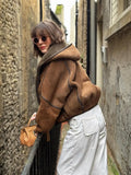 Women's Brown patchwork Hooded Jacket With Faux Fur Lining Fashion Horn Button Bomber Coat Lady Winter Casual Outerwear
