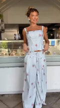White Floral Print Two Piece Set Spaghetti Strap Ruffle Corset Top Strap Wide Leg Pants 2026 Summer Street Casual Women Outfit