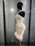 Khaki Women Sexy Halter Off the Shoulder Shining Beading Rhinestones Bodycon Mini Bandage Dress Feathers Elegant Evening W