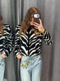 Women Round Neck Zebra Striped Zip‑Up Jacket Long Sleeve Zebra Print Cropped Faux Leather Loose Casual Streetwear Outerwear Coat