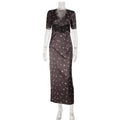 Satin Lace Patchwork Print Dress Women Black V-neck Short Sleeves High Waist Long Dresses Lady Hollow Out Daily Party Vestidos