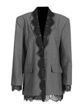 Chic Solid Spliced Lace Edge Blazers for Women Notched Collar Long Sleeve Temperament Designer Coats Female Clothes Style