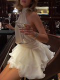 Sexy Club Spliced Ruffles Prom Gown for Women Stand Collar Off The Shoulder High Waist Dating Mini Dresses Female