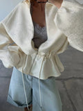 Apricot Jacquard Drawstring for Women Jackets Lapel Bubble Long Sleeve Peplum Hem Zip Up Jacket for Summer Casual