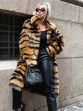 Women Tiger Striped Faux Fur Long Coat Lapel Fluffy Plush Luxury Oversized Overcoat With Side Pockets Winter Warm Outerwear 2026