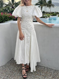 Solid Spliced Drawstring Folds Designer Maxi Dress for Women O Neck Puff Sleeve High Waist Elegant Party Dresses Female New