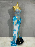 Strapless Rhinestone Evening Gown 3D Leaf Feather Appliques Sheer Mesh LongDress Prom Birthday Party Performance Formal Costume